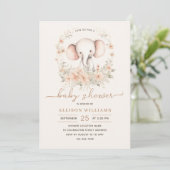 Invitation Aquarelle Eléphant mignonne Floral Baby Girl Douch (Debout devant)