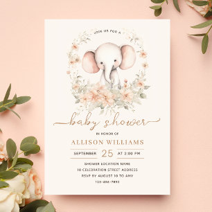 Invitation Aquarelle Eléphant mignonne Floral Baby Girl Douch
