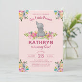 Invitation Aquarelle Eléphant rose Fille Florale 1er annivers (Debout devant)