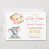 Invitation Aquarelle Elephant rose or Baby shower Ballons (Devant)