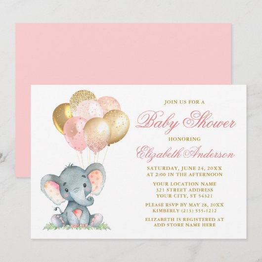 Invitation Aquarelle Elephant rose or Baby shower Ballons (Devant / Derrière)