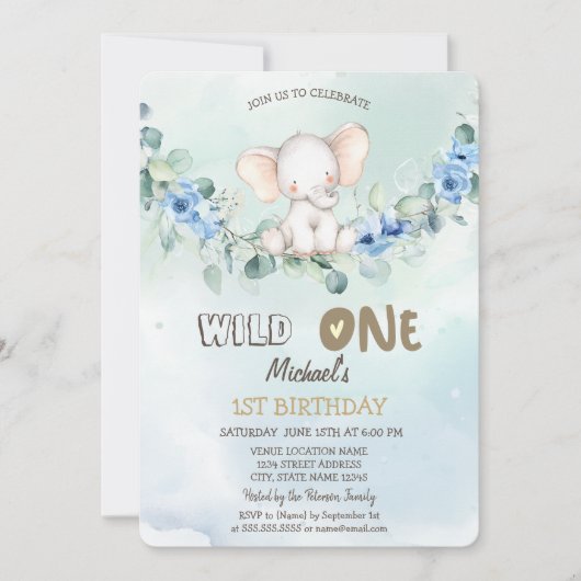 Invitation Aquarelle Elephant Roses Feuilles 1er (Devant)
