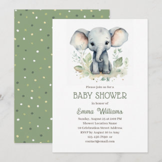 Invitation Aquarelle Eléphant Sexe Baby shower neutre