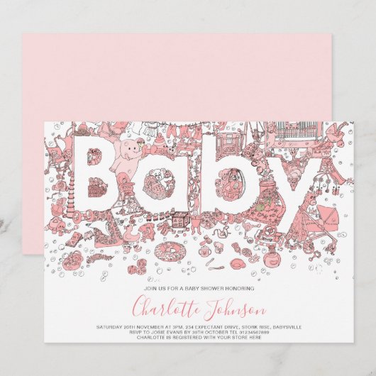 Invitation Aquarelle éléphante Baby shower rose (Devant / Derrière)