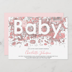 Invitation Aquarelle éléphante Baby shower rose