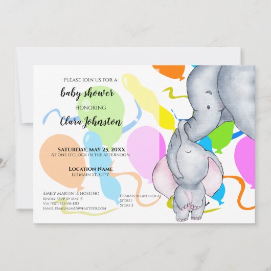 Invitation Aquarelle Eléphants, Ballons Baby shower Unisex (Devant)