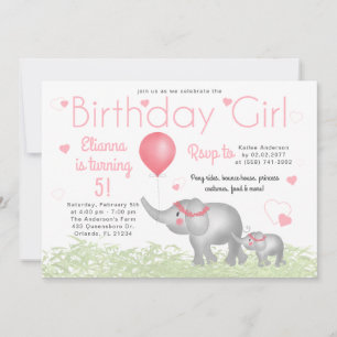 Invitation Aquarelle Eléphants et Coeurs roses Fille d'annive