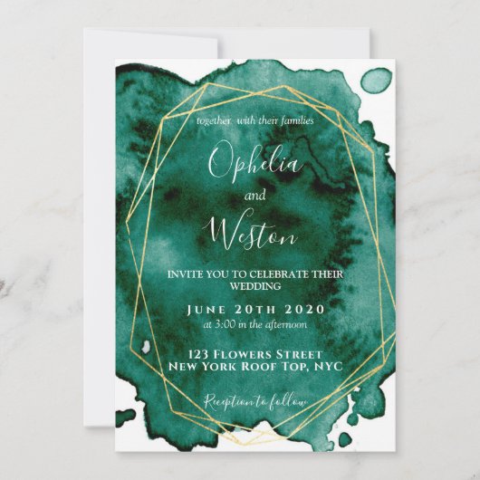 Invitation Aquarelle Emerald Green Gold Frame Mariage de luxe (Devant)
