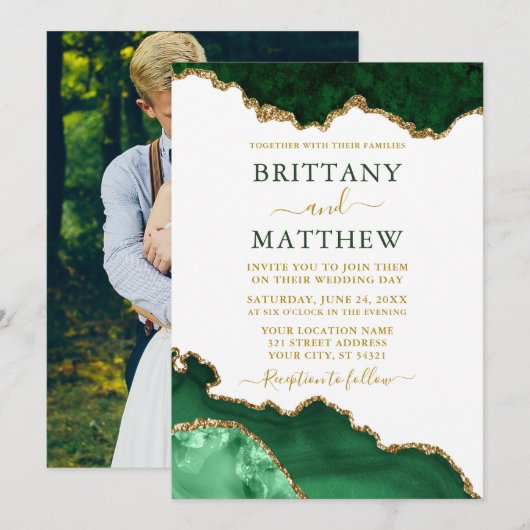 Invitation Aquarelle Emerald Green Marble Gold Mariage photo (Devant / Derrière)