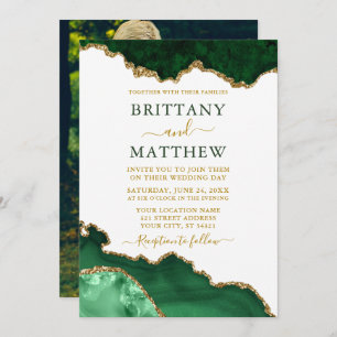 Invitation Aquarelle Emerald Green Marble Gold Mariage photo