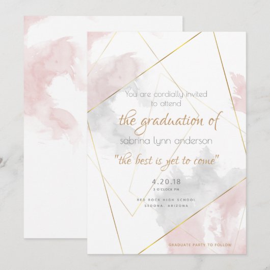 Invitation Aquarelle en argent Rose brillant Graduation géomé (Devant / Derrière)