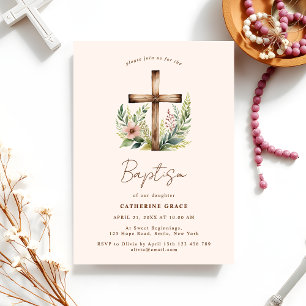 Invitation Aquarelle en bois   Baptême de bébé