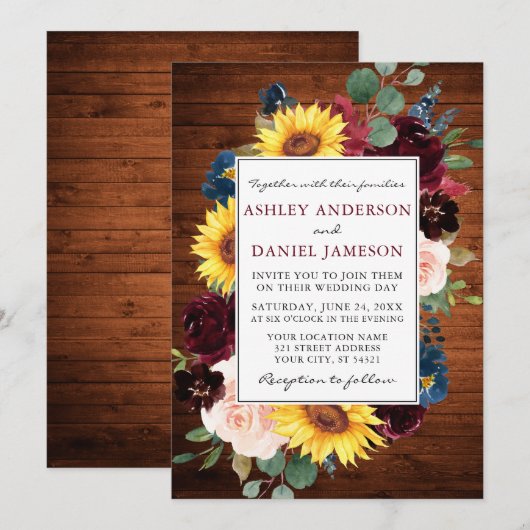 Invitation Aquarelle en bois rustique Mariage à cadre floral  (Devant / Derrière)