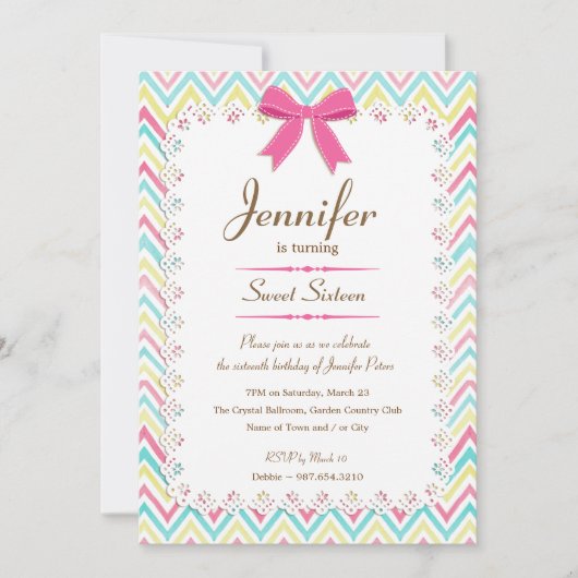 Invitation Aquarelle en dentelle de fille Chevron Rose Bow Sw (Devant)