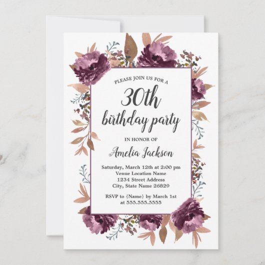 Invitation Aquarelle en fleurs violettes 30e anniversaire Inv (Devant)