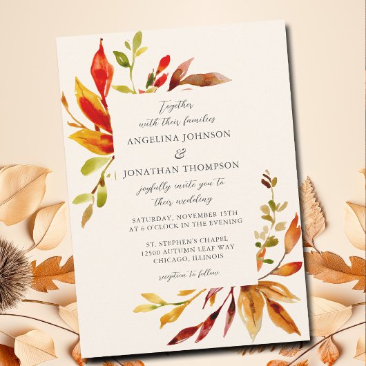 Invitation Aquarelle en gras Automne laisse Mariage de crème
