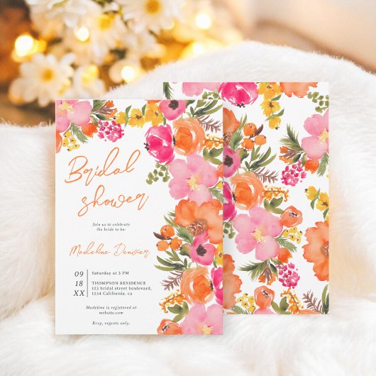 Invitation Aquarelle en gras Boho Orange rose Floral Bride