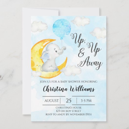 Invitation Aquarelle en haut et loin Baby shower éléphant gar (Devant)