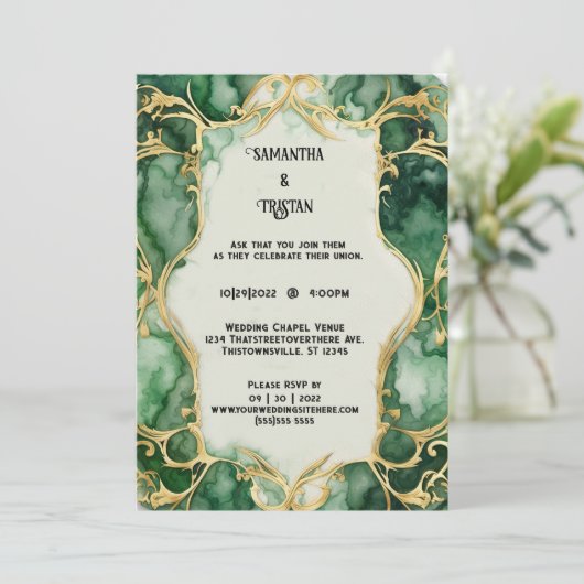 Invitation Aquarelle en marbre vert or Trim élégant mariage (Debout devant)
