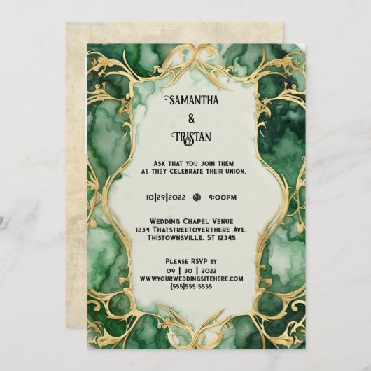 Invitation Aquarelle en marbre vert or Trim élégant mariage (Devant / Derrière)