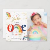 Invitation Aquarelle en or arc-en-ciel 1er anniversaire Invit (Devant / Derrière)