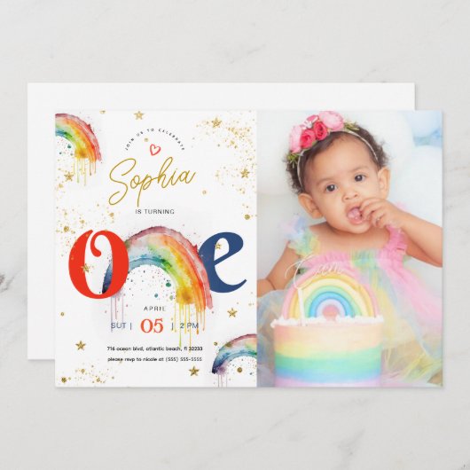 Invitation Aquarelle en or arc-en-ciel 1er anniversaire Invit (Devant / Derrière)