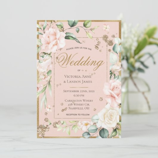 Invitation Aquarelle en or bleu Mariage floral romantique (Debout devant)