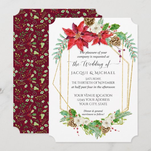Invitation Aquarelle en or de Noël Poinsettia Bourgogne (Devant / Derrière)