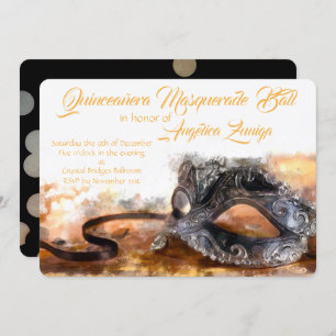 Invitation Aquarelle en or et en noir mascarade de Quinceañer