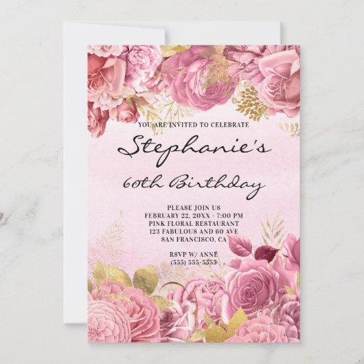 Invitation Aquarelle en or et rose Floral 60e anniversaire (Devant)