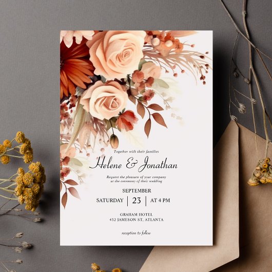 Invitation Aquarelle en terre cuite Floral Élégant Mariage de