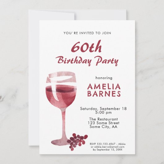 Invitation Aquarelle en verre de vin rouge 60e anniversaire f (Devant)