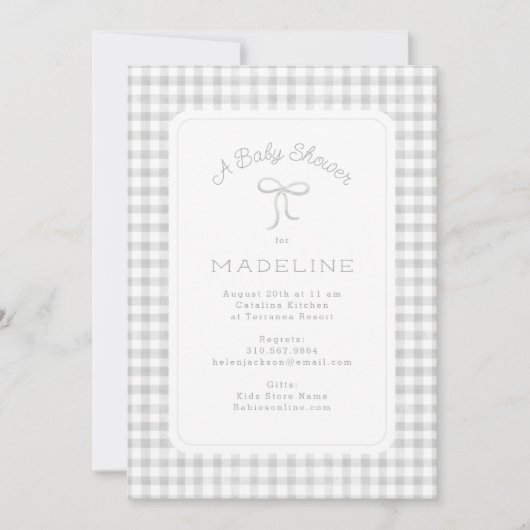Invitation Aquarelle En vichy Baby shower gris clair (Devant)