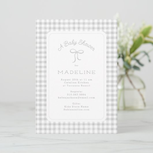 Invitation Aquarelle En vichy Baby shower gris clair (Debout devant)