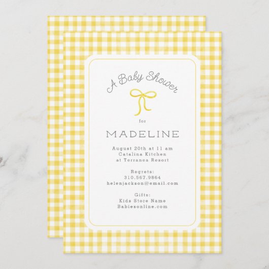 Invitation Aquarelle En vichy Baby shower jaune (Devant / Derrière)