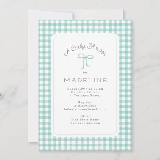 Invitation Aquarelle En vichy Baby shower vert menthe (Devant)
