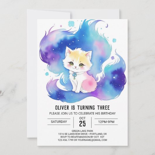 Invitation Aquarelle enchantée Kitty Anniversaire (Devant)