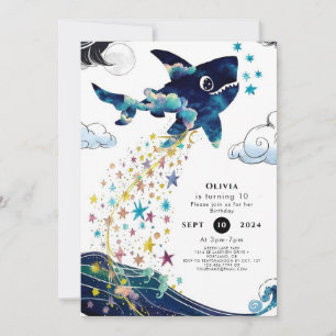 Invitation Aquarelle Enchantée Requin profond Anniversaire