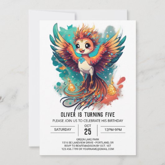 Invitation Aquarelle enchanteresse Phoenix Tale Anniversaire (Devant)