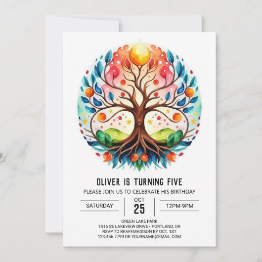 Invitation Aquarelle Enfants Arbre de vie Anniversaire (Devant)