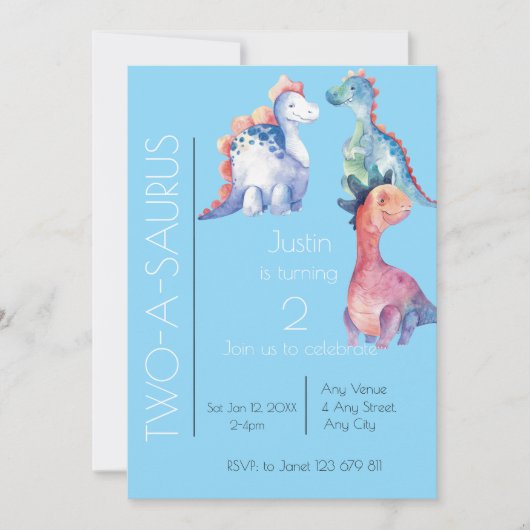 Invitation Aquarelle Enfants Dinosaure Turner deux Anniversai (Devant)