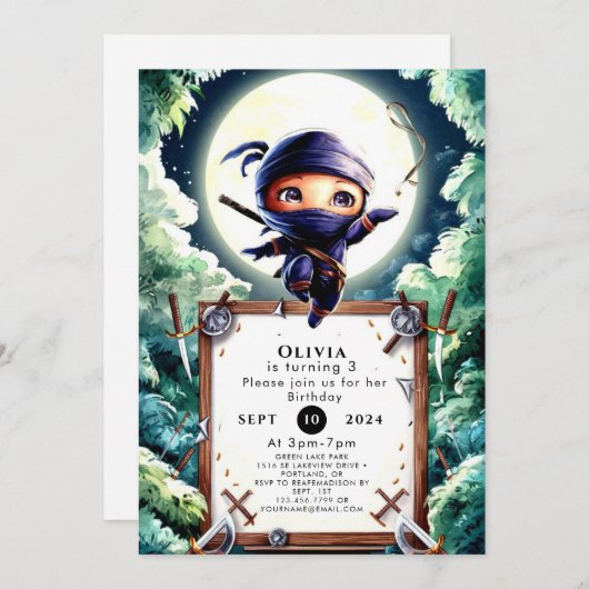 Invitation Aquarelle Enfants Ninja Anniversaire (Devant / Derrière)