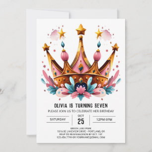 Invitation Aquarelle Enfants Princesse Couronne Anniversaire