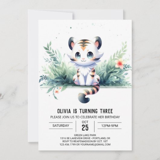 Invitation Aquarelle Enfants Tigre Anniversaire (Devant)