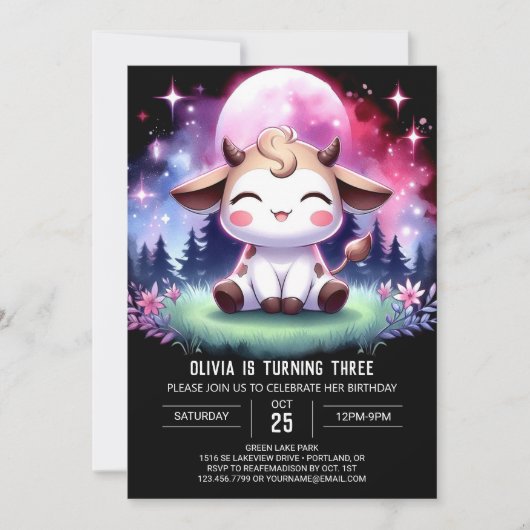 Invitation Aquarelle Enfants Vache Anniversaire (Devant)