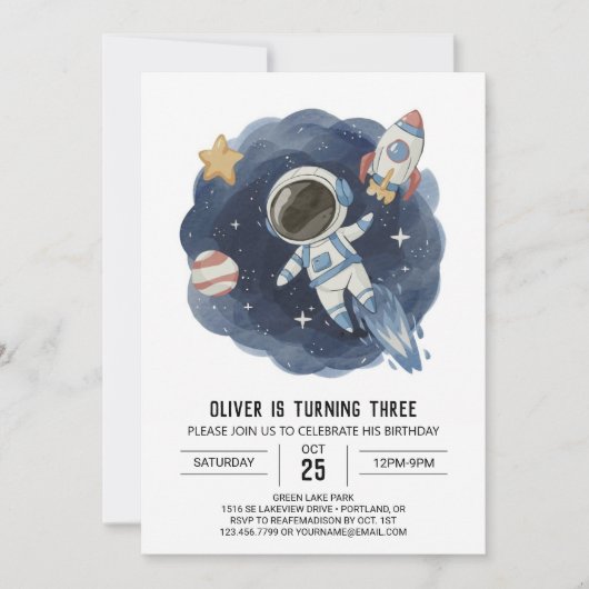 Invitation Aquarelle Espace extérieur Astronaut numérique Ann (Devant)