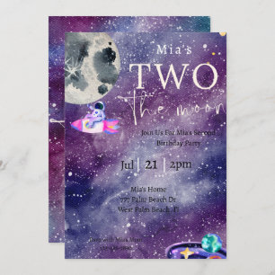 Invitation Aquarelle Espace Galaxie Deux lune Anniversaire