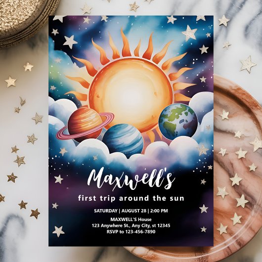 Invitation Aquarelle Espace Premier voyage autour du Soleil