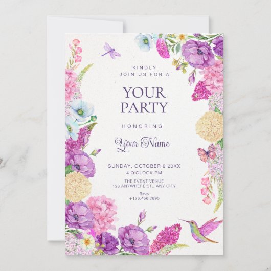 Invitation Aquarelle esthétique florale violette (Devant)