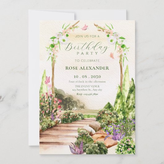 Invitation Aquarelle esthétique jardin floral anniversaire (Devant)